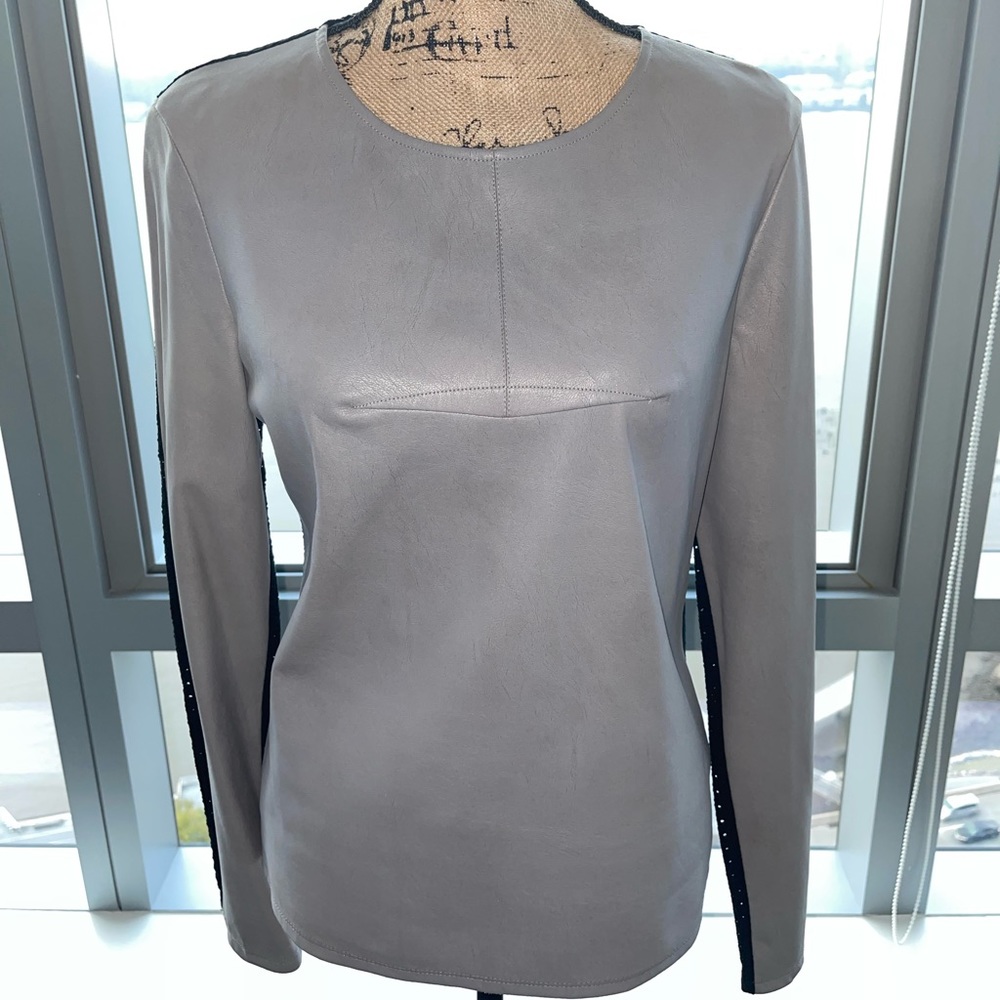 BCBG MaxAzria Grey Faux Leather & Mesh Top Sz Med